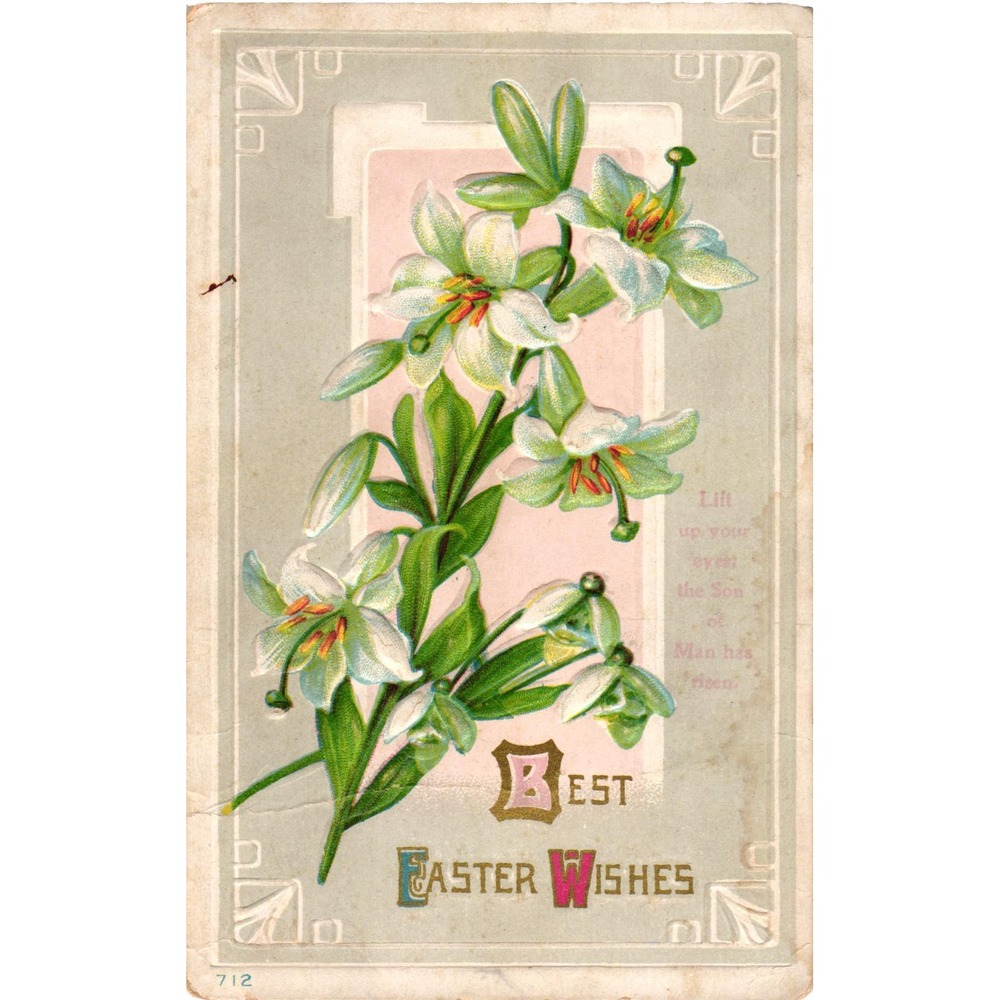 Vintage Easter Postcard Best Easter Wishes White Lilies 712